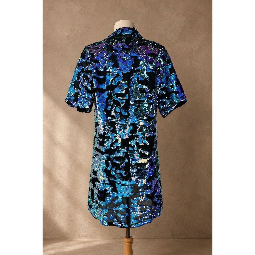 Anthropologie Sz M Bhanui by Jyoti Sequin Mini Dress Iridescent Blue Black Party - Picture 4 of 11
